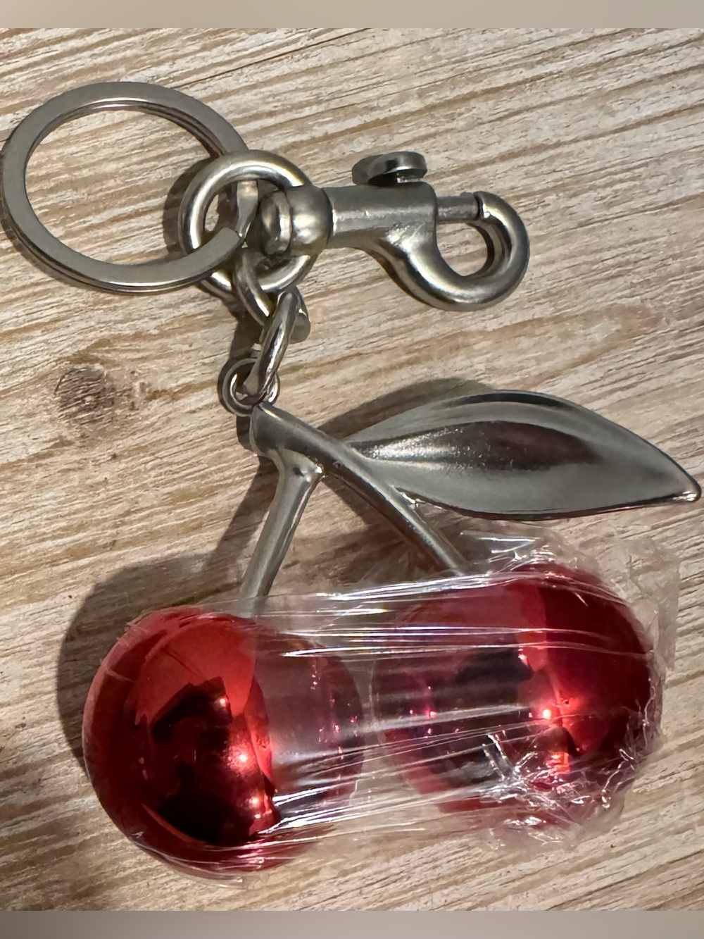 Metallic Red Cherry Silver-Tone Keychain or Bag Charm